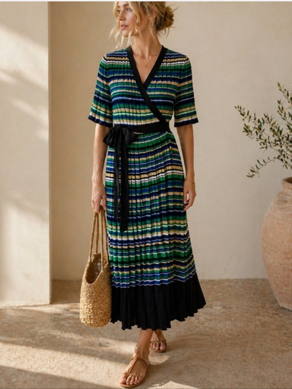 MAJE Ramacca Striped Knitted Maxi Wrap Dress
